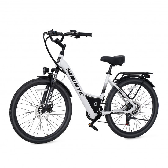 Electric Mountain Bike for Adults 26" Step-Thru Commuting Ebike for Men Women (Color: White)